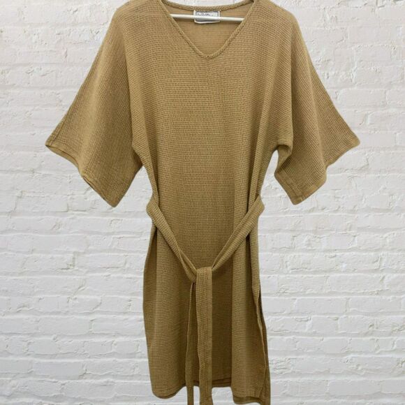 Joy Charlotta XS Cotton Knit Dress Tie Belt Mustard Yellow Side Slit Boho - Picture 2 of 16